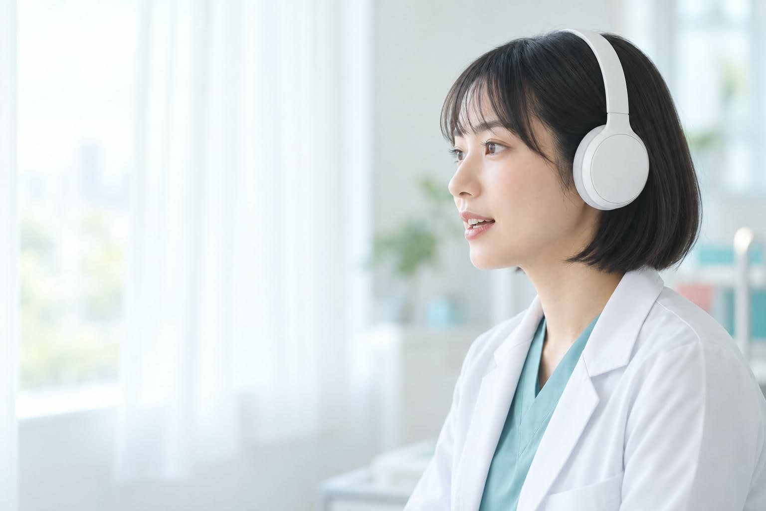 ヘッドホンをつけ、静かに話す白衣の医学生